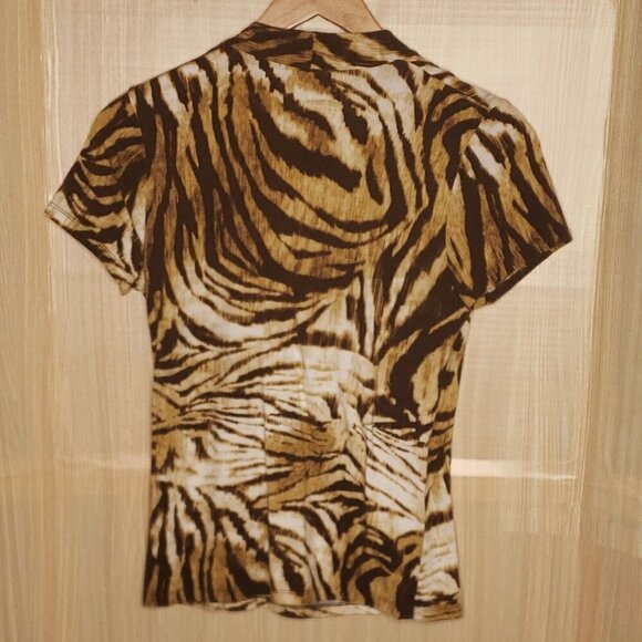 Jones New York Signature Cream Brown Faux Wrap Knit Animal Print Top Medium - Picture 2 of 6